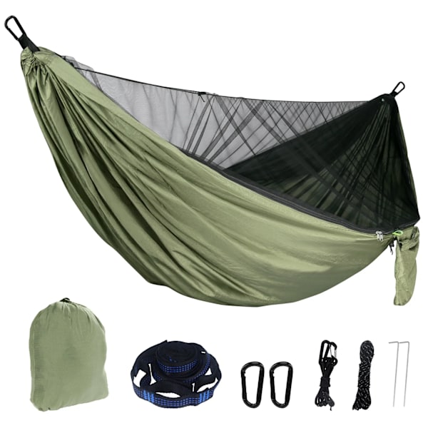 Bærbar Camping Hængekøje 210T Nylon Udendørs Hængekøje Med Myggenet (Army Grøn/290X140Cm)