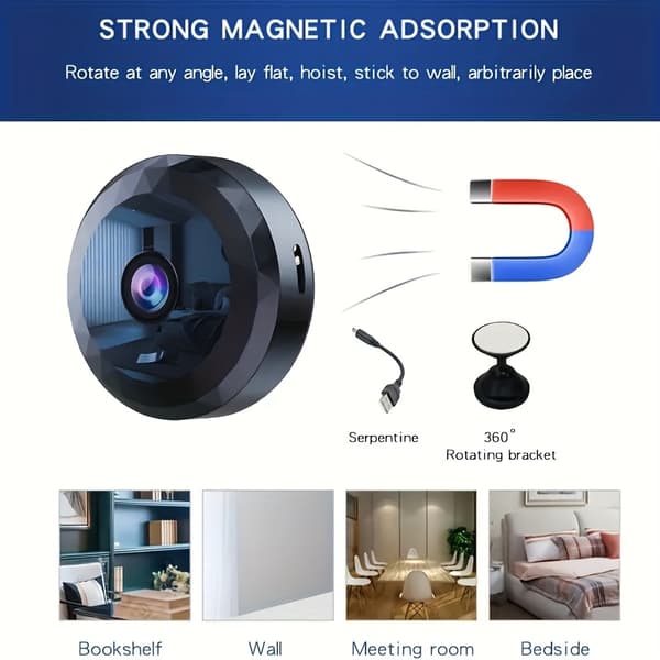 Trådløst kamera Trådløst Mini WiFi Sikkerhetskamera med Nattsyn, Bevegelsesdeteksjon 480P Magnetisk Feste