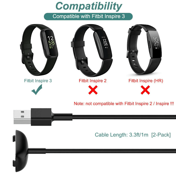 Lader for Fitbit Inspire 3, erstatnings-USB-ladekabel [2-pakning, 3,3 fot/1 m]