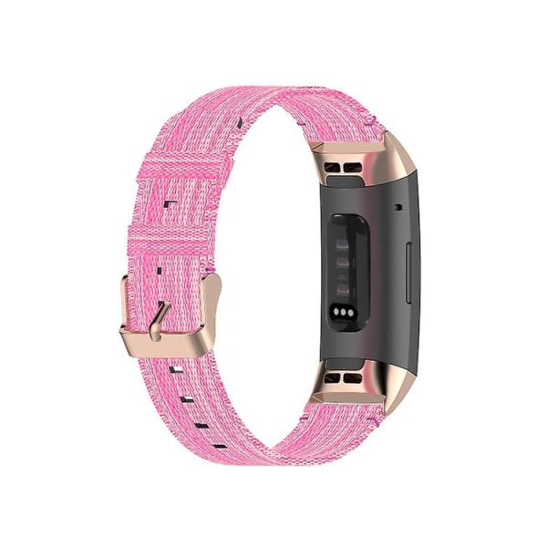 For Fitbit Charge 4 / Charge 3 Se rustfritt stål hode korn Nylon denim erstatningsrem klokkerem Pink