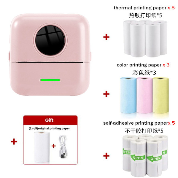 Bærbar Termisk Printer Mini Blækfri Printer med 14 ruller trykpapir, pink