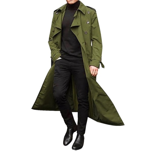 Mænd Trench Coat Dobbeltradet Lapel Windbreaker Mand Lang Jakke Overtøj Green XL