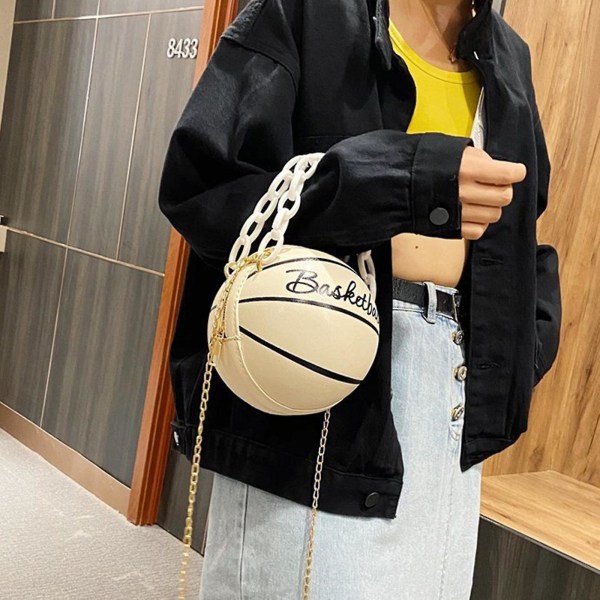 Personlig rund bold kvindetaske Kæde Basketballtaske All-match Satchel Small Bag Beige