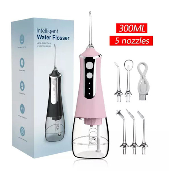 Oral irrigator 5 munstycken 3 lägen USB 300 ml rosa tank