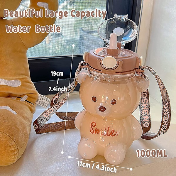 Björnvattenflaska med sugrör, Kawaii läckagesäker vattenkanna med justerbar axelrem för campingresor Brown 1000ml