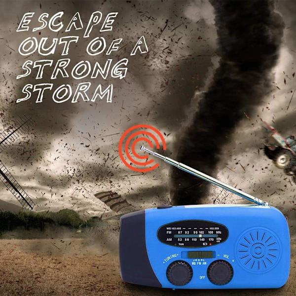 Hätätilanteen aurinkoenergialla toimiva käsikäyttöinen radio, LED-taskulamppu ja 2000mAh mobiilivirtalähde, sininen