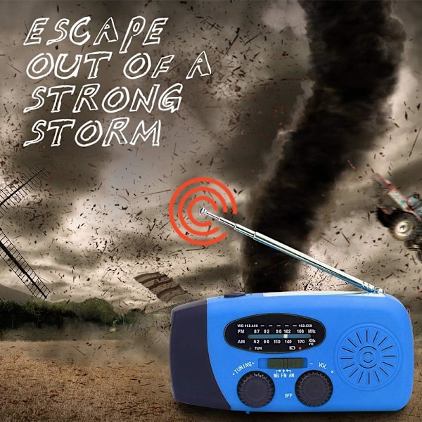 Nød-Solenergi Håndsving Radio, LED Lommelygte med 2000mAh Mobil Strømforsyning Blå