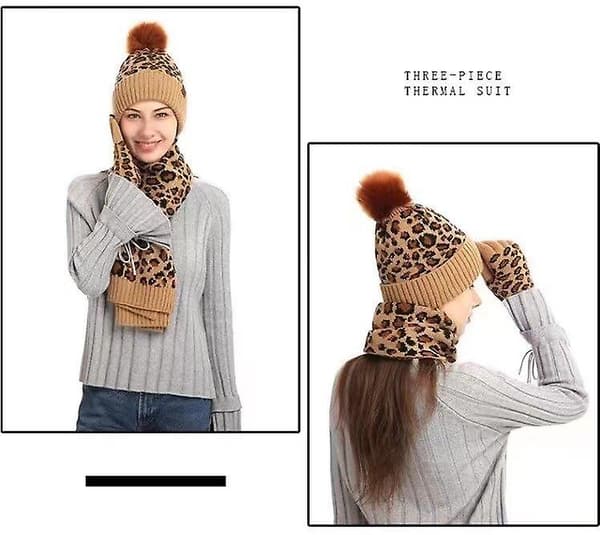 Winter Warm Knit Beanie Hat Scarf Set Touchscreen hansker for kvinner Khaki