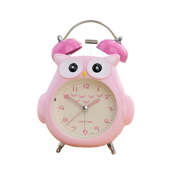 Barnväckarklocka Owl Loud Bell Analog väckarklocka Tyst, icke-tickande skrivbordsklocka med nattljus Pink