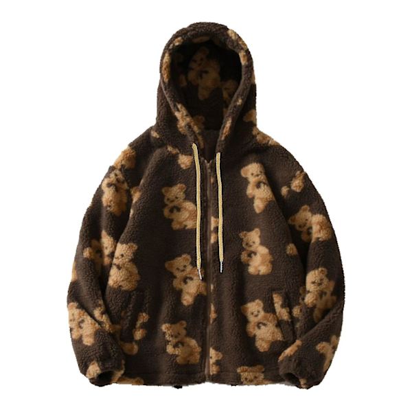 Teddy Bear Print Varm Jacka För Dam Brown S