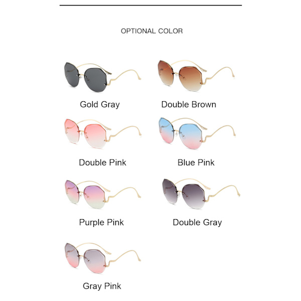 Epäsäännölliset pyöreät aurinkolasit naiset merkkisuunnittelija kaltevuus muoti aurinkolasit naiselle reunattomat metalliset kaarevat temppelit Oculos De Sol Gold Gray