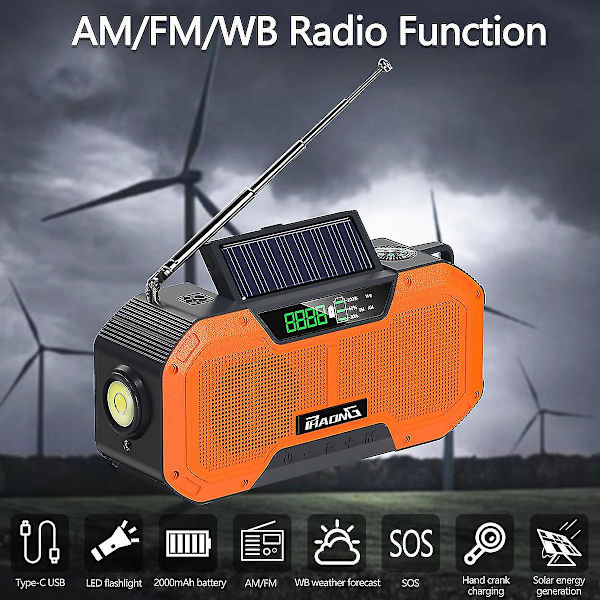 Oranssi ulkoilun hätäradio Bluetooth-kaiutin aurinkokäyttöinen käsivalaisin matkapuhelimen lataus 5000mAh suuri kapasiteetti korkea laatu