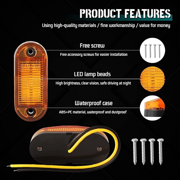 6 stk LED Tilhengermarkørlys - 12-30V Sidemarkørlamper for Bobil, Lastebil