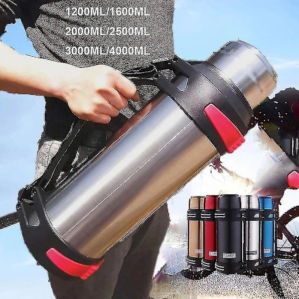 1200-4000 ml stor termokande flaske vakuumkolber Rustfrit stål isoleret vand termisk kop med rem 48 timers insalation 1600ML Black