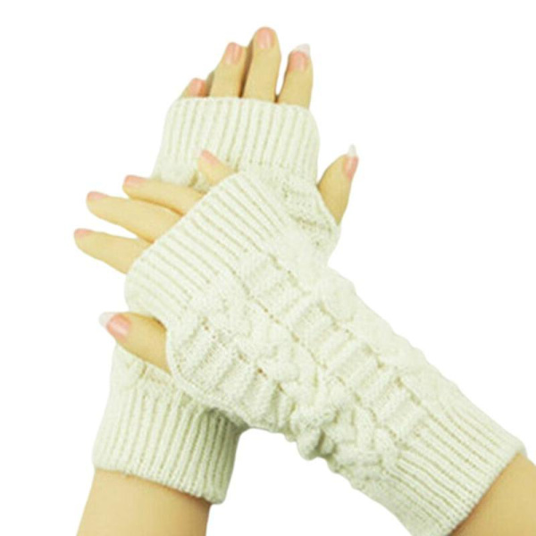 Mænd Kvinder Strikkede Fingerløse Handsker Mode Unisex Blød Vinter Varme Uld Vante White