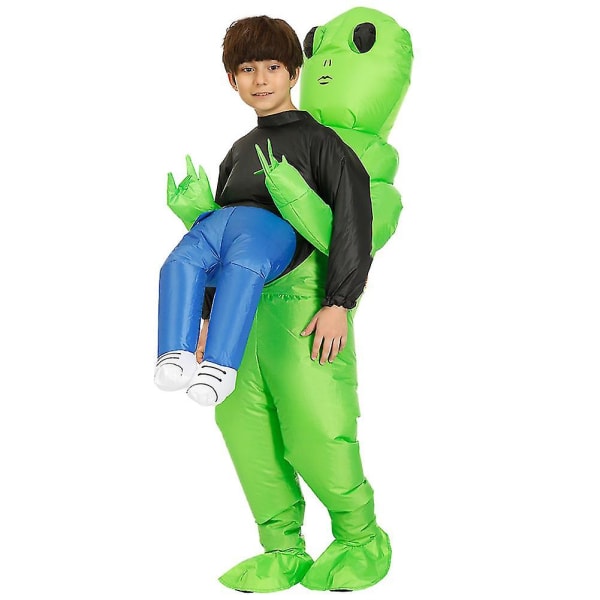 Green Alien Carrying Human Costume Inflatable Funny Blow Up Suit Cosplay For Party Kid