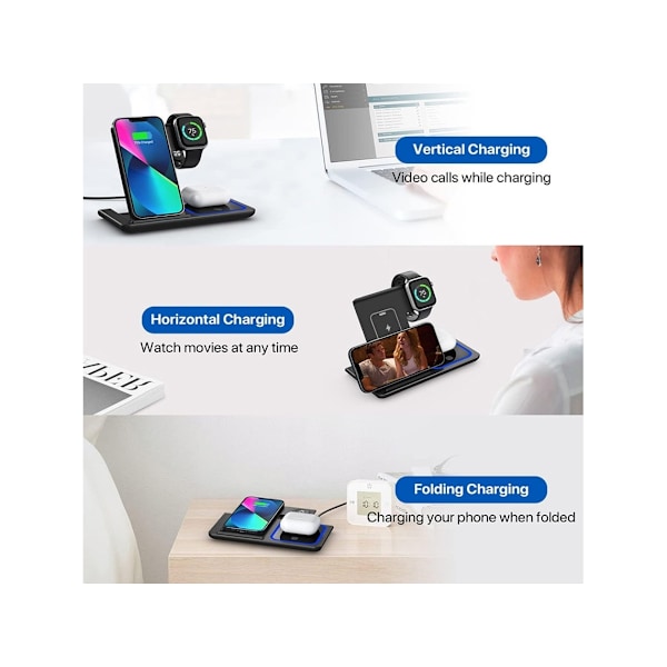 3 i 1 Vikbart Trådlöst Laddningsställ med Magnetisk Bas för iPhone, Klocka, Hörlurar Vit