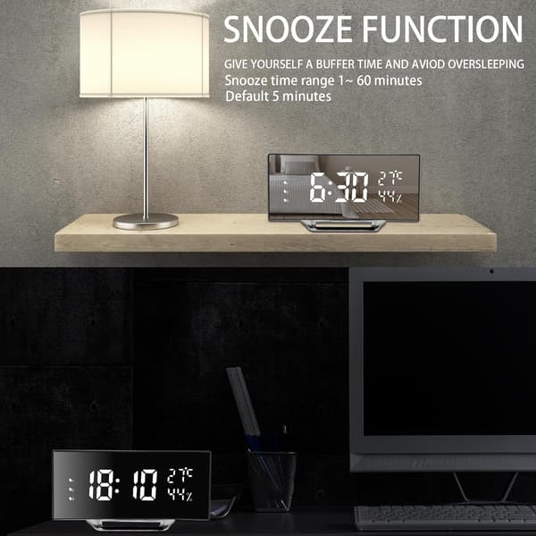 Väckarklocka LED med modern böjd design, 3 alarm, Snooze, Vit