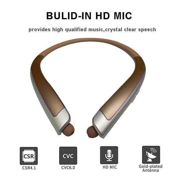 Bluetooth hörlurar, trådlöst sportheadset med halsband med infällbara hörsnäckor, svetttäta brusreducerande stereohörlurar med mikrofon gold