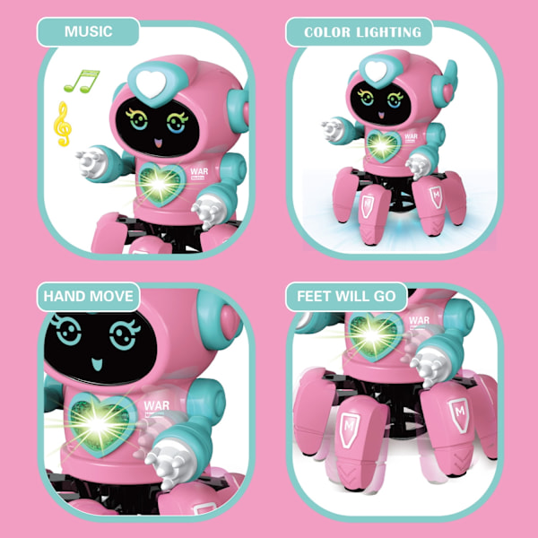 Robotlegetøj til drenge og piger, gående og dansende robotlegetøj med blinkende lys og musik, pink