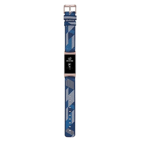 For Fitbit Charge 4 / Charge 3 Se rustfritt stål hode korn Nylon denim erstatningsrem klokkerem Blue Stripe