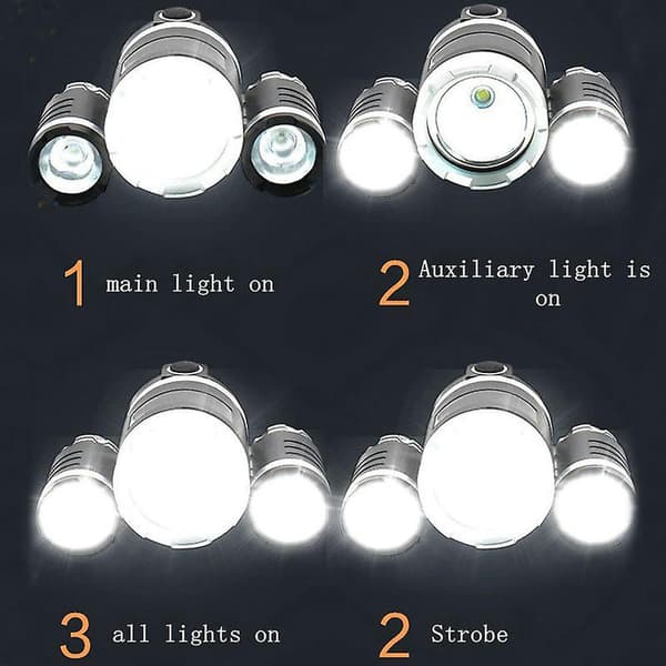 8000lm 3 Led T6 Hodelykt Med 2x18650 Oppladbart Batteri Og Usb Lader