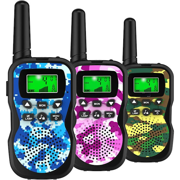 Børne Walkie Talkies med lommelygte og LCD-skærm, 3 miles rækkevidde Walkie Talkies 3-pak