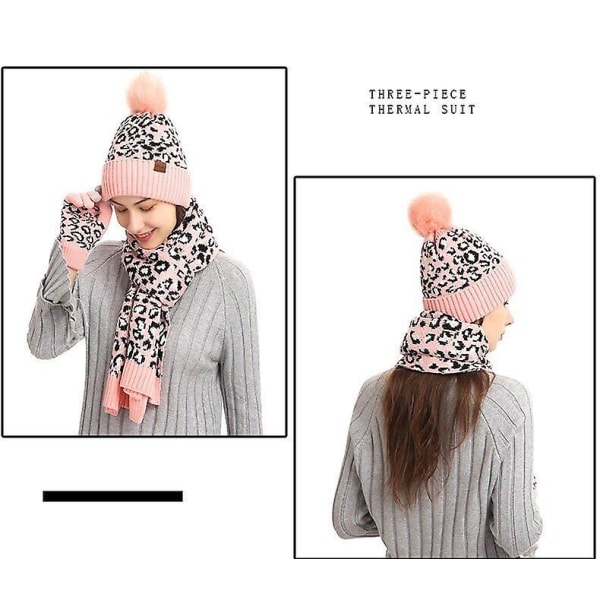 Vinter Varm Strik Beanie Hat Tørklæde Sæt Touchscreen Handsker Til Damer Pink