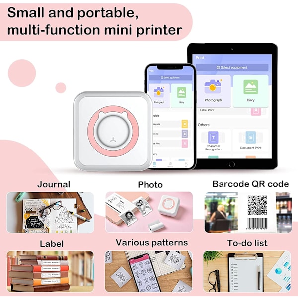 Mini Bluetooth-skrivare för anteckningar, meddelanden, foton, levereras med 3 rullar färgat papper och 5 färgade pennor Rosa