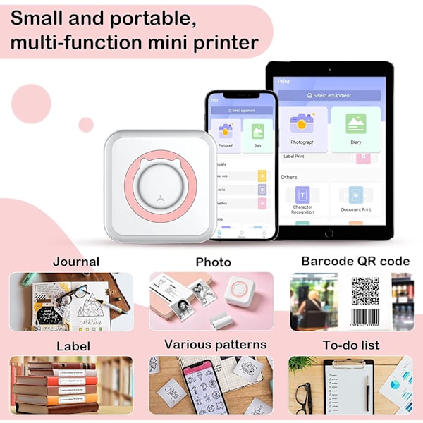 Mini Bluetooth-skriver for notater, påminnelser, bilder, leveres med 3 ruller fargepapir og 5 fargepenner Rosa