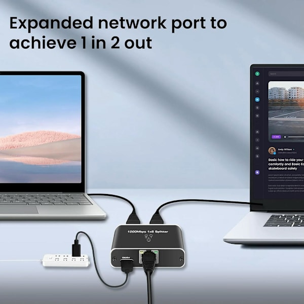 Ethernet-jakaja 1-2, 1000Mbps RJ45 -verkkokytkin 1,5 jalan Cat8-kaapelilla ja USB-virtalähteellä, tukee kahta laitetta Cat5/6/7/8