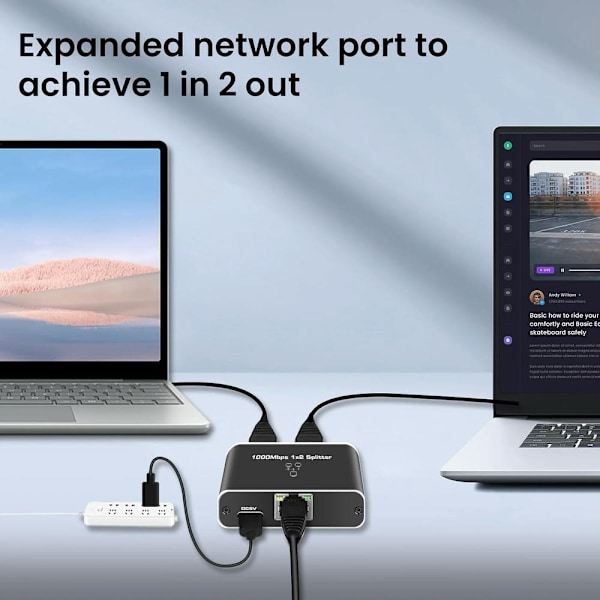 Ethernet-splitter 1 til 2, 1000 Mbps RJ45-netværkssplitter med 1,5 ft Cat8-kabel og USB-strøm, understøttelse af to enheder til Cat5/6/7/8