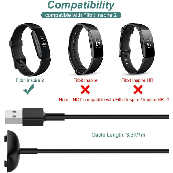 Lader for Fitbit Inspire 2, erstatningsladekabel, tilbehør kompatibel med Fitbit Inspire 2 [2-pakning, 3,3 fot/1 m]