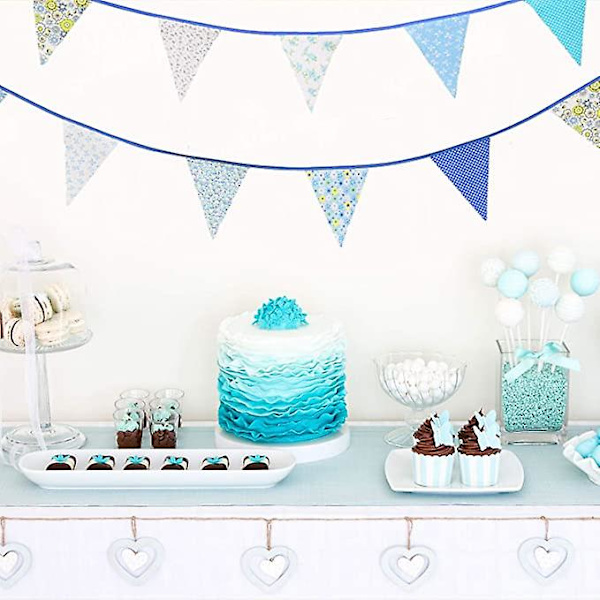 40 jalkaa kangassirkkubanneri Sininen kukkainen vintage silkkuliput Uudelleenkäytettävät puuvillainen kolmiolipun seppele, jossa 42 kpl viiriä puutarhahäälle baby shower