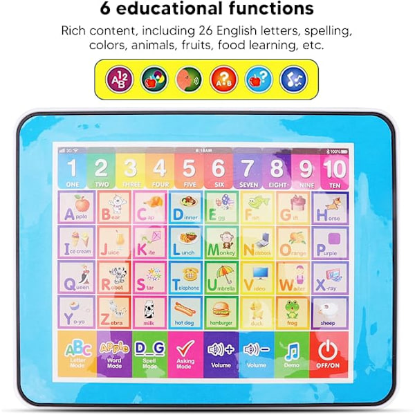 Engelsk læringsmaskin for barn, 6 pedagogiske funksjoner, justerbart volum, leketablet for barn til hjemmebruk og reise (blå)