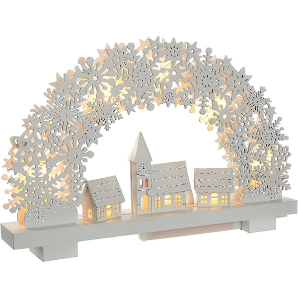 Snefnugbue og landsbyscenebord juledekoration, træ, hvid