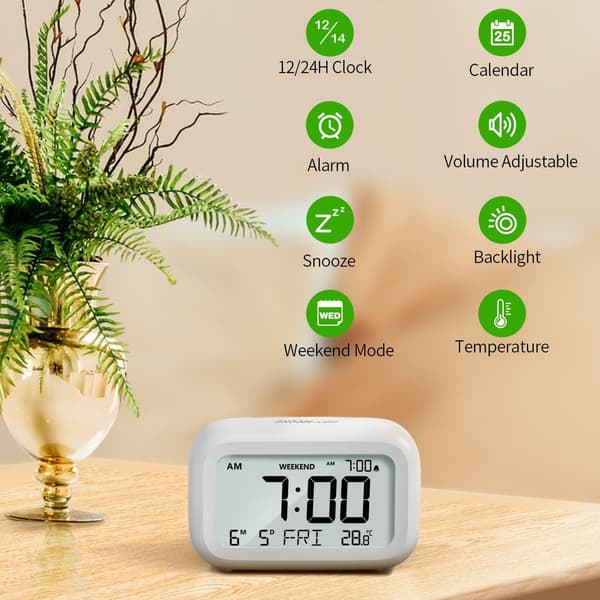Vækkeur med LCD-display, justerbar lydstyrke, snooze, hvid