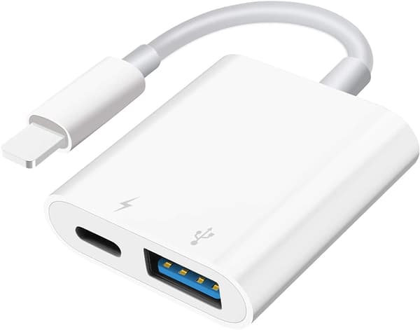 Lightning–USB-sovitin, USB-naaras OTG -sovitin iPhonelle ja iPadille latausportilla, Plug and Play