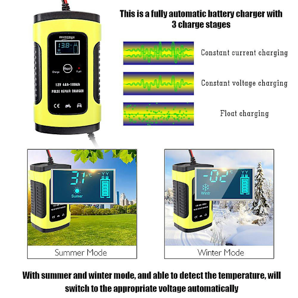 12V6A Batteri Smart Oplader Bil og Motorcykel Batteri Oplader Digital Reparation Oplader Gul US Standard