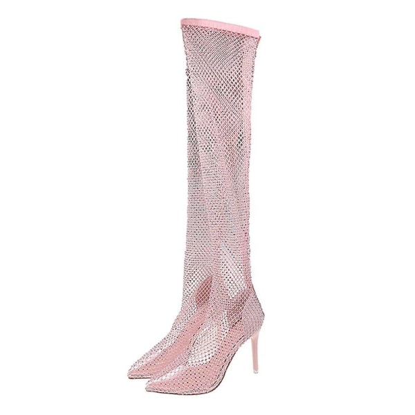 Kvinders Glitter Rhinestone Støvler Lår Høj Over Knæet Hæle Sexet Stiletto Pink 36
