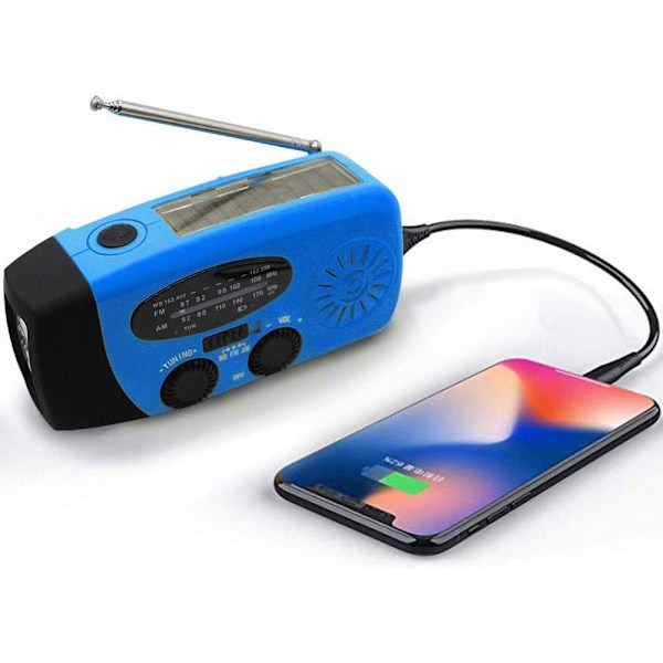 Nødradio med solcelle og håndsveiv, LED-lommelykt med 2000mAh mobil strømforsyning Blå