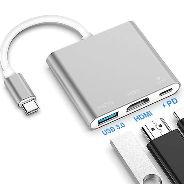 Typ C Adapter, USB 3.1 Hub (usb-c Thunderbolt 3 Port-kompatibel) Till USB 3.0 HDMI Typ C hona Laddare Adapter Converter kompatibel med Macboo Silver gray