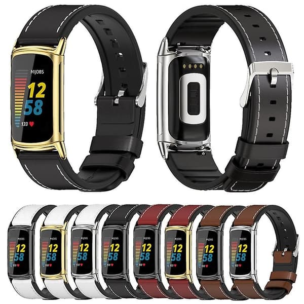 Til Fitbit Charge5 Mijobs Tpu + læderurrem White-Silver
