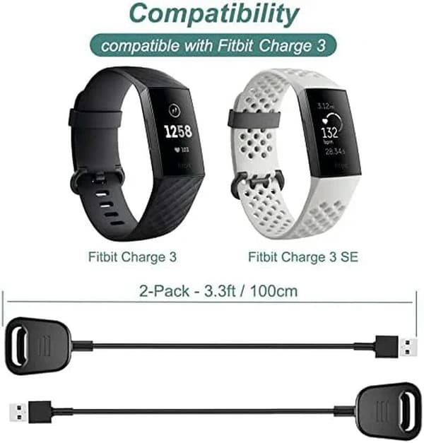 Lader for Fitbit Charge 3, erstatnings-USB-ladekabel, kompatibel med dokkingstasjon