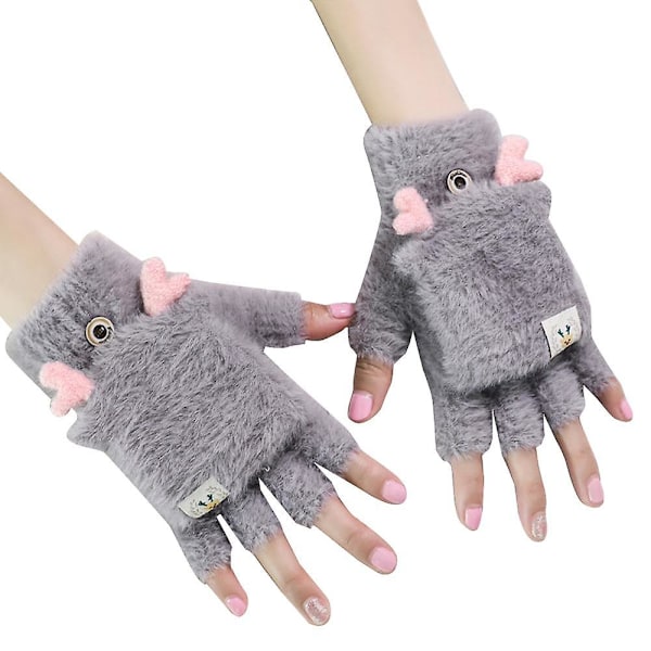 Damvantar Vinter Varma Touchscreen Handskar Söta Flip Stickade Vantar Gray