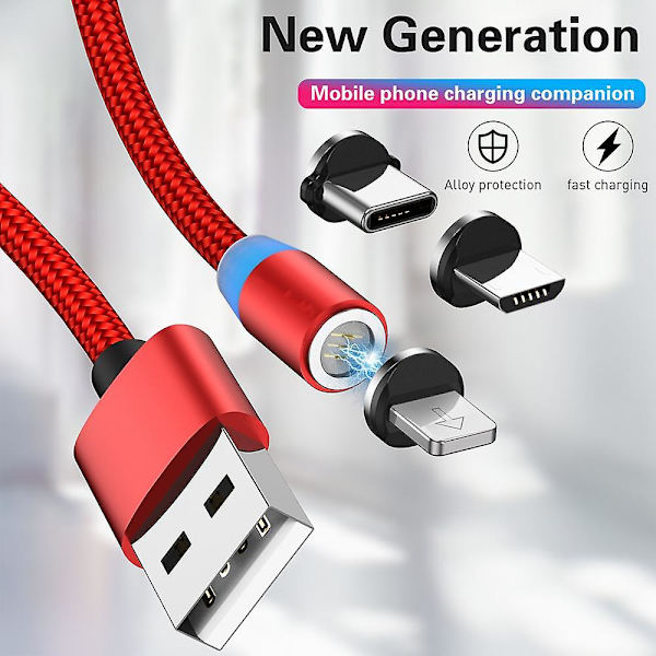 3-in-1 magneettinen latauskaapeli, magneetti USB-kaapeli, magneettinen datakaapeli, pikalatauskaapeli, yhteensopiva Micro USB Type-c -tablettien ja puhelimien kanssa Red