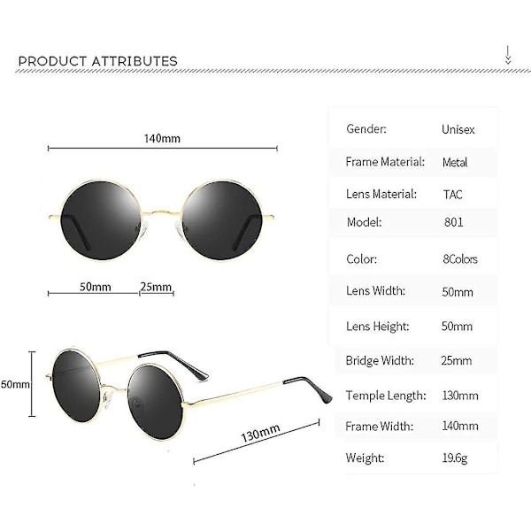 Vintage Pyöreä John Lennon Polarisoidut aurinkolasit Miesten Naisten Circle Hippie Aurinkolasit 2 Pack (Black- Gold)