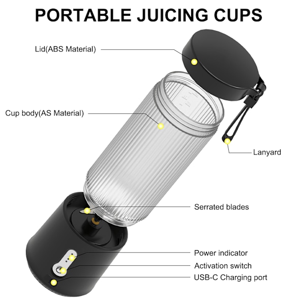 Bærbar blender til shakes og smoothies med 6 knive sort