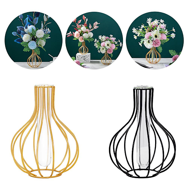 Nordisk enkel växtvas Geometrisk glasprovrör Metallhållare Modern heminredning Black A