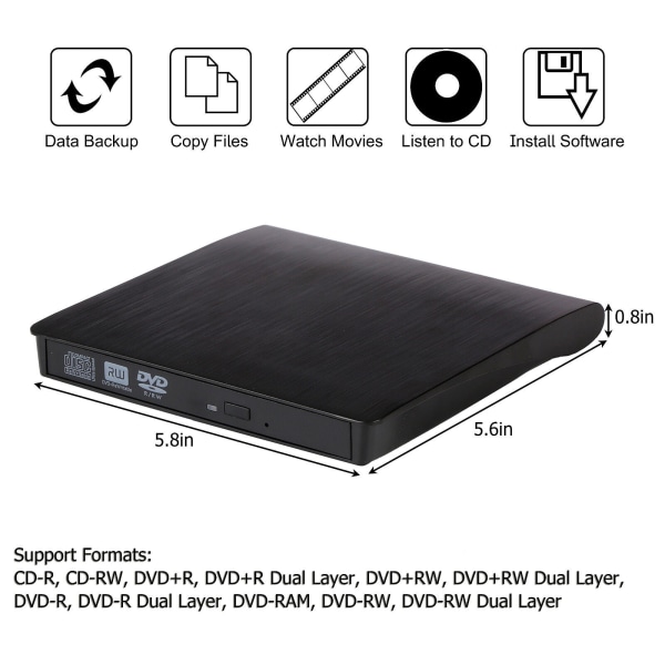 Extern CD DVD-enhet med USB 3.0 Type-C Bärbar DVD/CD+/-RW-enhet/DVD-spelare CD-brännare för bärbar PC Mac